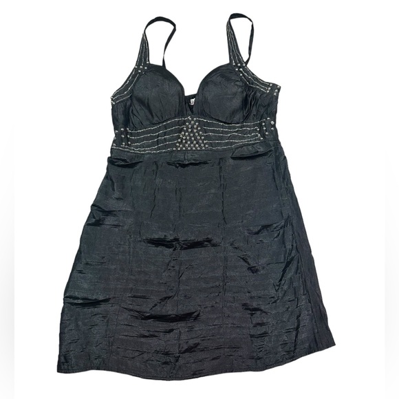 ARIA: NWT Black Ruffle Satin Beaded Mini Dress -Size Medium - Picture 2 of 11